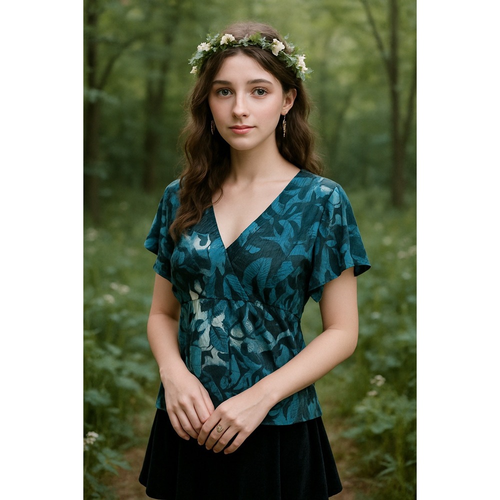 Whimsigoth Petite XL Floral V Neck Teal Green Black Dark Fairy Career Boho Art